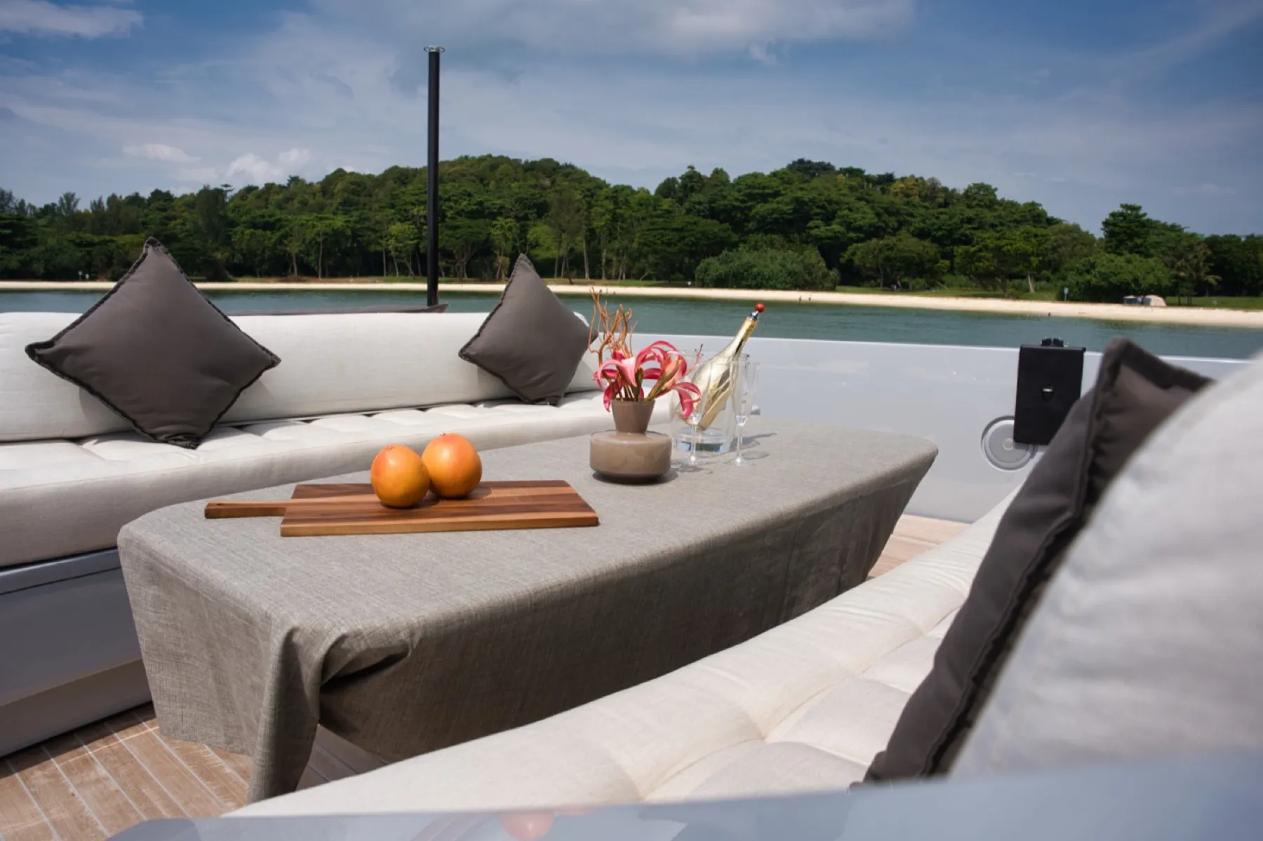 Shaded lounge on Seawind main deck
