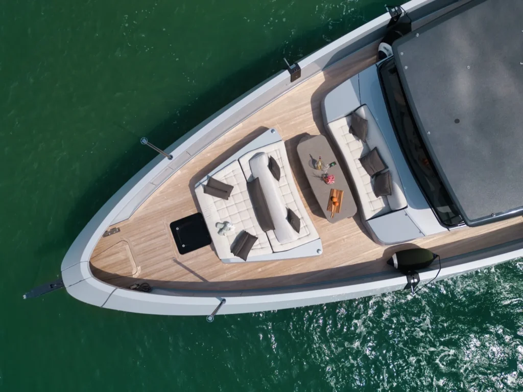 Aerial view of Seawind bow and teak deck