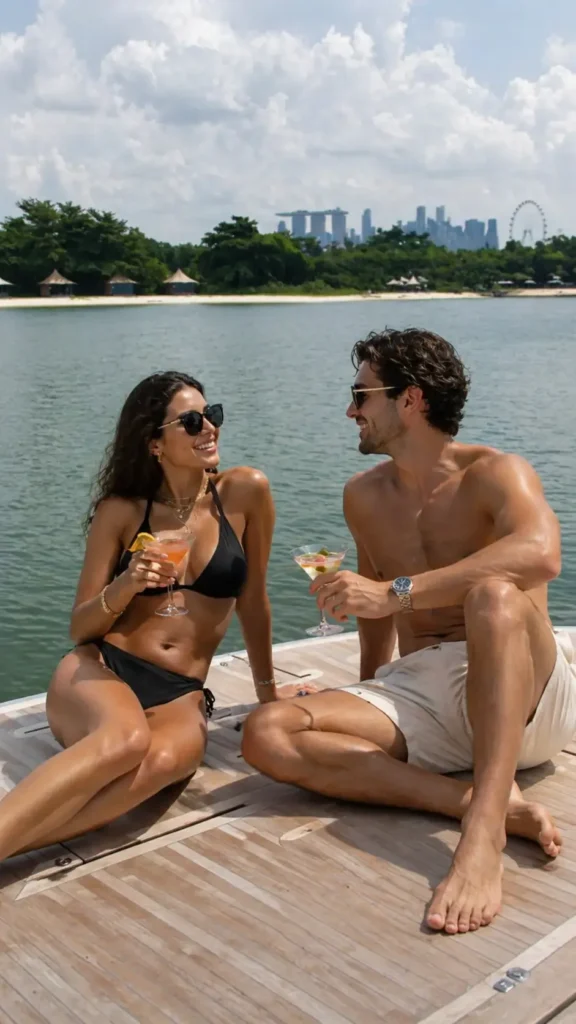 Couple enjoying cocktails on Seawind deck with Singapore skyline