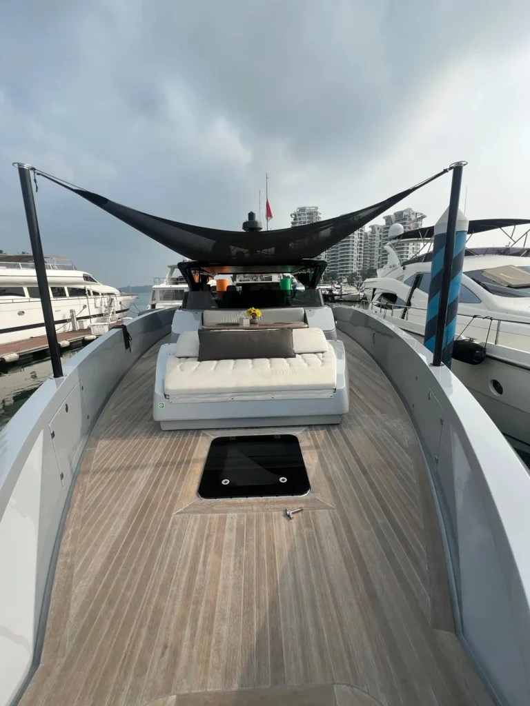 Seawind foredeck with sunshade at the marina