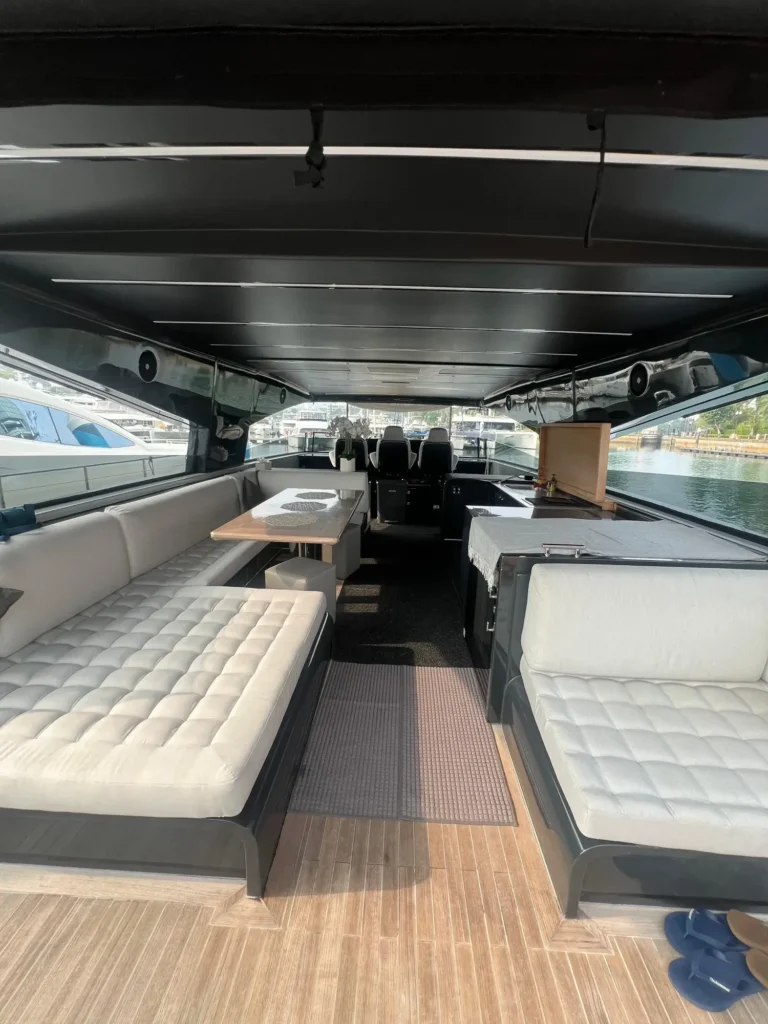 Seawind main deck seating under the T-top