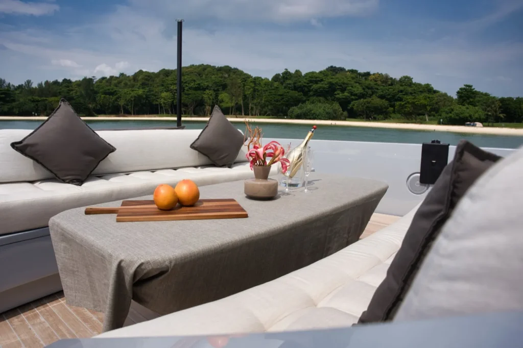 Shaded lounge with drinks on Seawind main deck