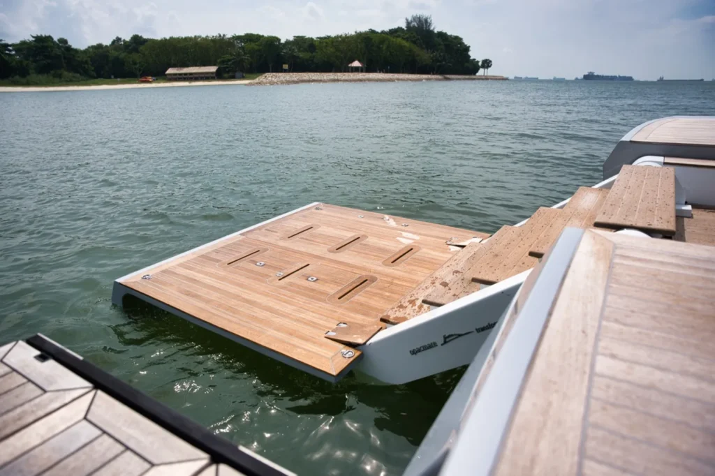 Seawind swim platform lowered to the sea