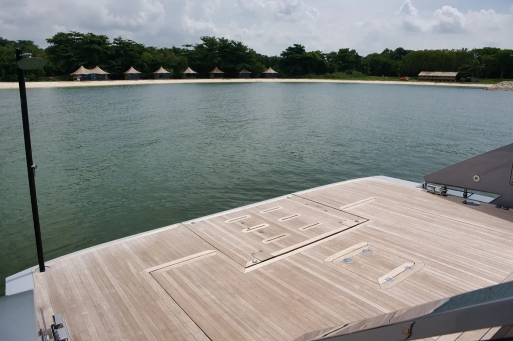 Seawind swim platform facing Sentosa
